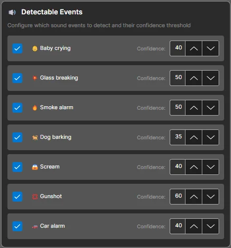 Detectable Events Settings